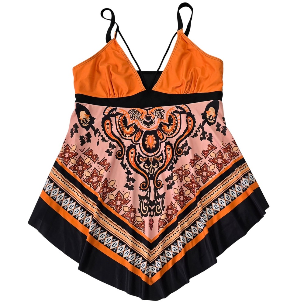 Women Size XL Tankini Swim Top Orange Black Paisley Handkerchief Hem NWOT